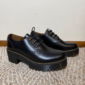 NEW Dr Martens Leona Lo Black Leather Heeled Platform Oxford Shoes Women's 10